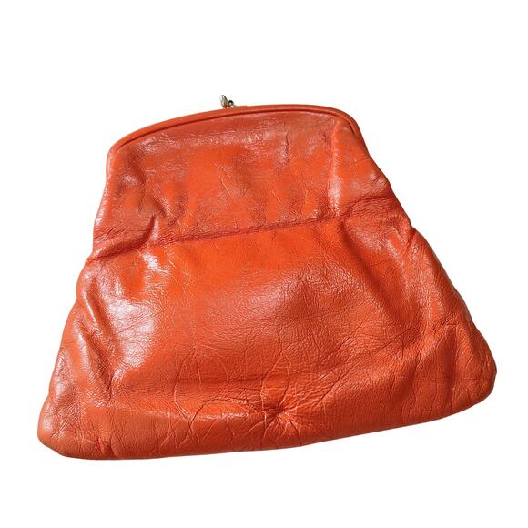 1950s Ingber Orange Genuine Leather Fold Over Clutch Handbag Gold Kiss Closure - Picture 5 of 8
